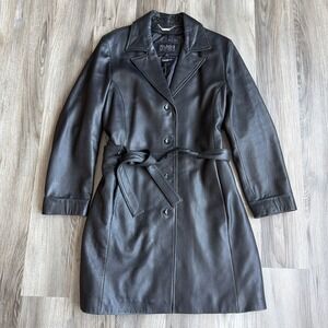 Vintage Wilson Leather Women's Jacket Black Lined Belted Trench Coat Long Sz XL